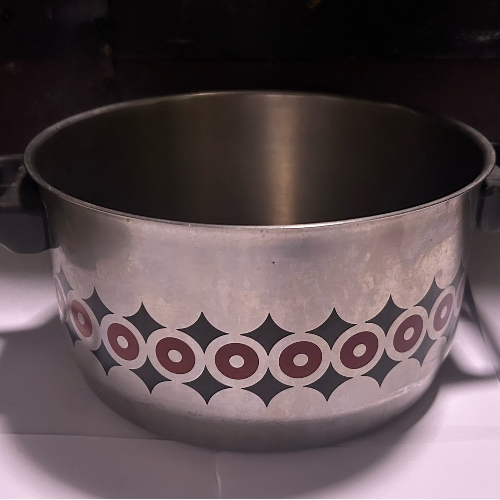 Vintage Stainless Steel Pot with Black and Red Pattern